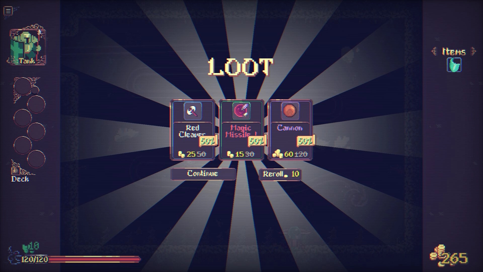 Orblins: Loot reward screen with Red Cleaver, Magic Missile, and Cannon cards plus Continue/Reroll buttons.
