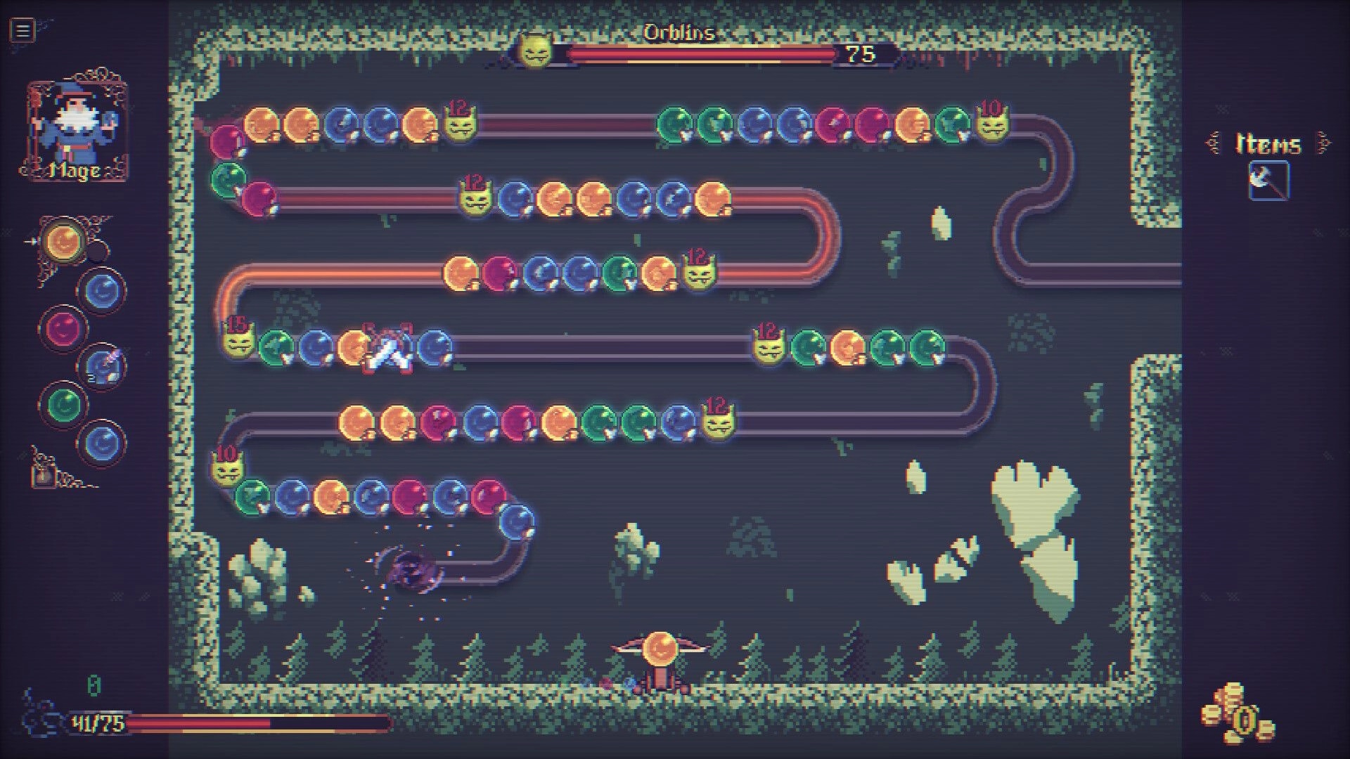 Orblins: Mage fires colored marbles at winding lanes of orb enemies in a cave arena with items UI.