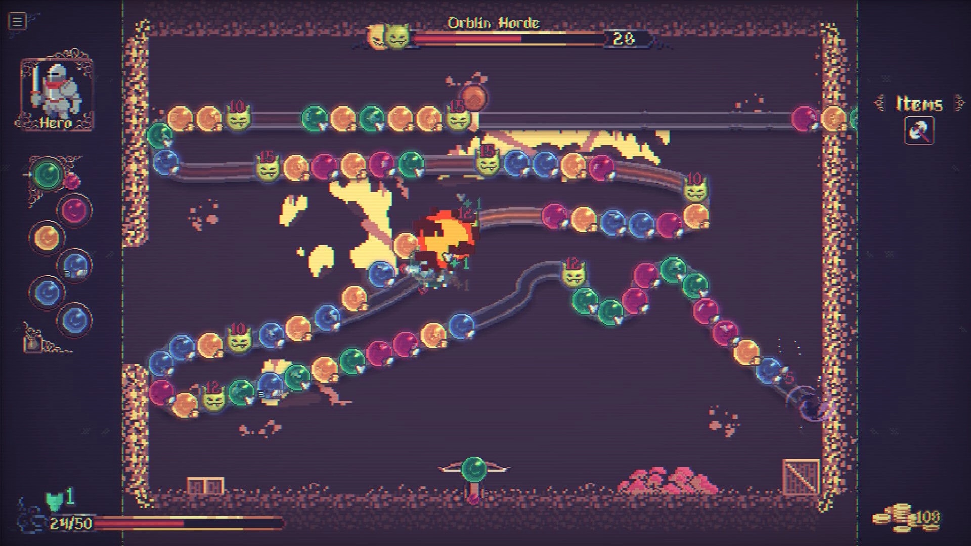 Orblins: Marble-shooter battle vs Orblin Horde with multicolor chains on winding tracks in cave arena.
