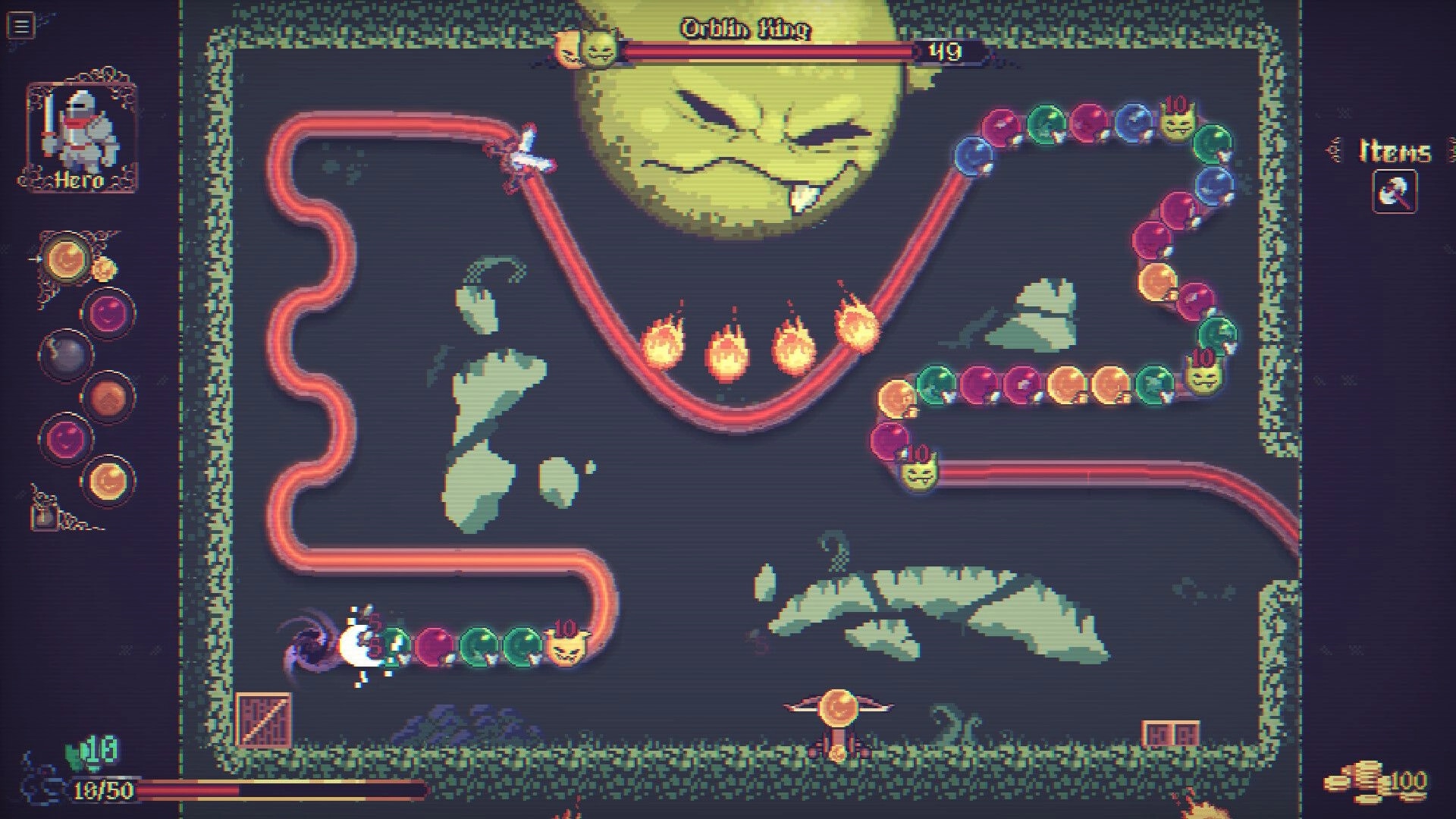 Orblins: Marble-shooter boss fight vs Orblin King, colored orb chains on winding track in cave UI.