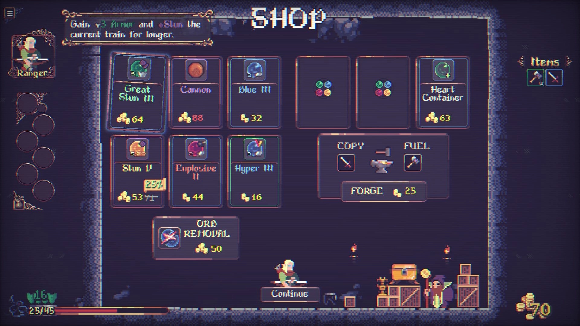 Orblins: Ranger browsing shop cards and forge options in a cave shop UI with item prices and Continue button.