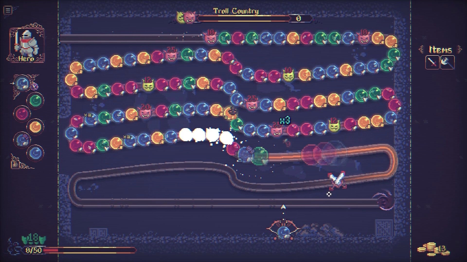 Orblins: Marble shooter battle with multicolor orb chains and damage icons in Troll Country stage UI.