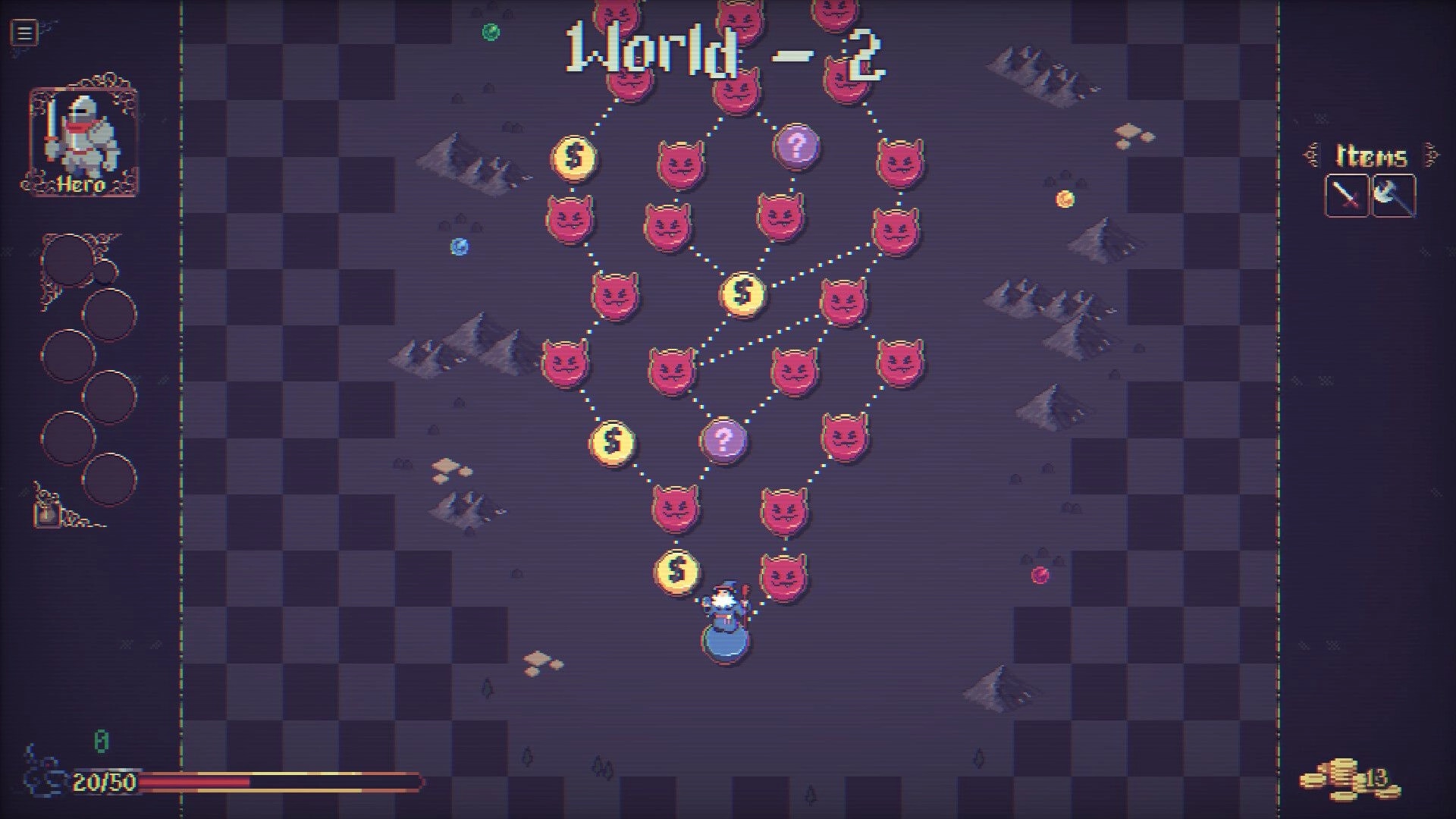 Orblins: World map node path with enemy and shop icons, hero marker, and items panel on right.