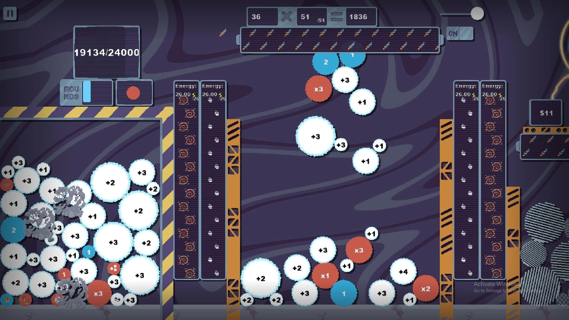 Orbloom: Ball collision gameplay with score counter and energy levels in a sci-fi themed arena