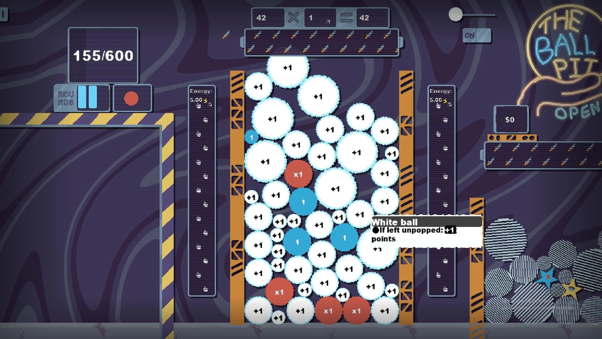 Orbloom: Ball pit gameplay with various balls displaying point values in a physics-based environment