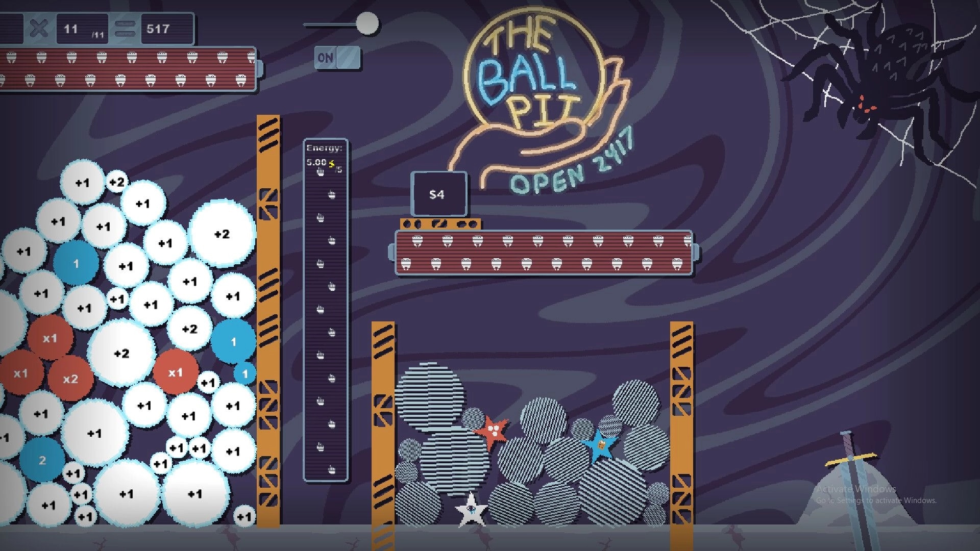 Orbloom: Balls with numbers stacked near "The Ball Pit" sign in a physics-based puzzle environment