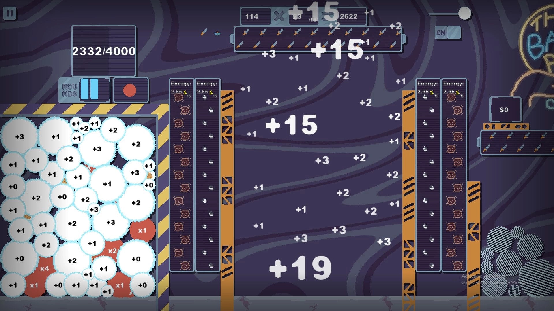 Orbloom: Physics-based gameplay with numerical balls in a grid and score tracker at the top left