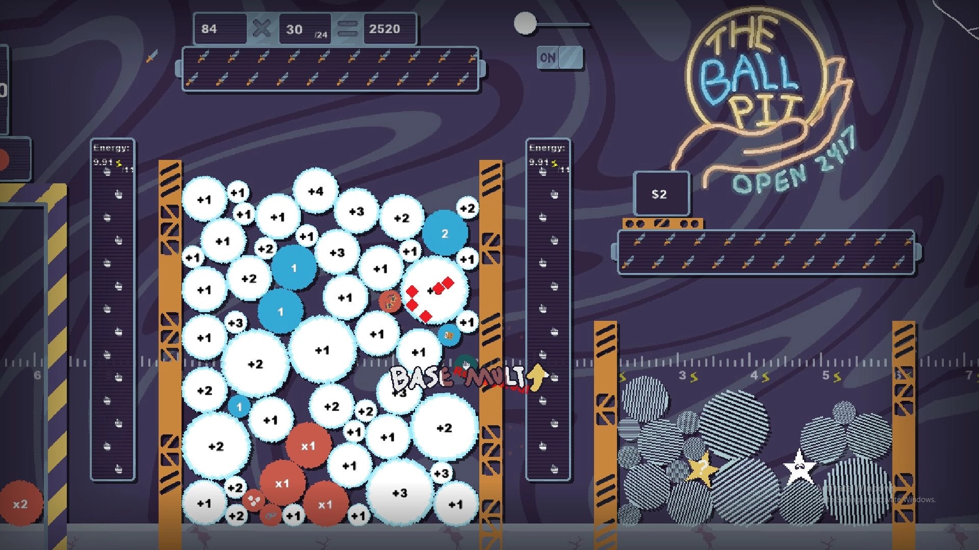 Orbloom: Ball physics gameplay with numbered balls in arena and energy levels on a neon-themed screen