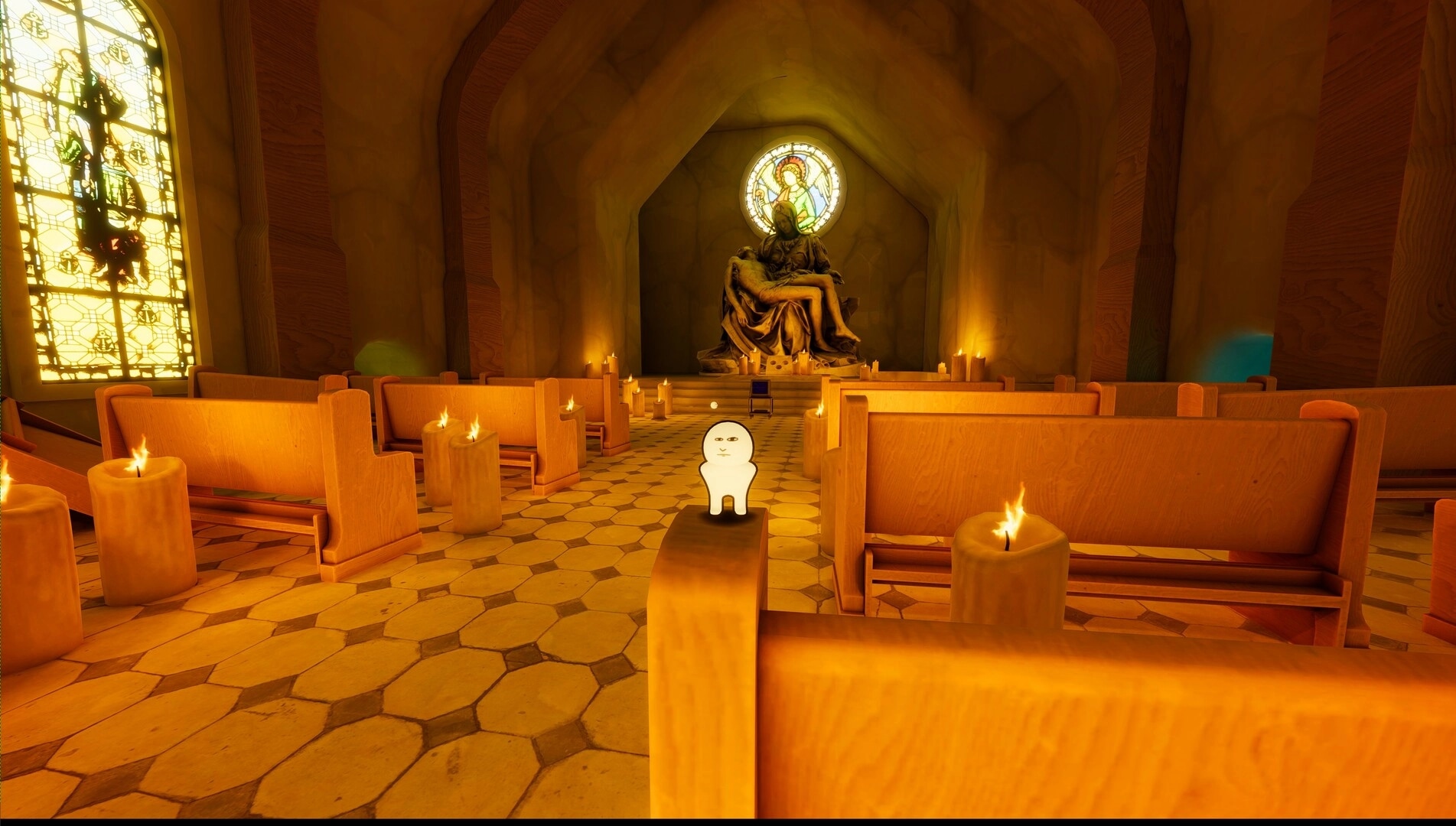 Orbo's Exodus: Orbo standing on pew in candlelit chapel with stained glass and large statue