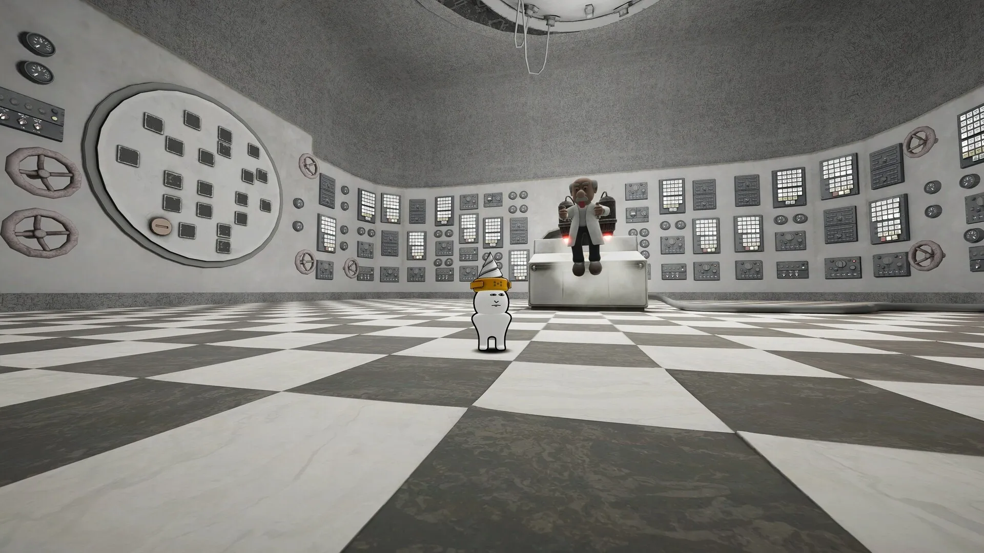 Orbo's Exodus: Orbo explores a checkered control room with a scientist on a platform in the background.