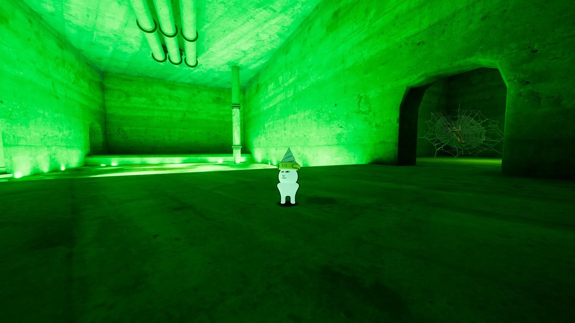 Orbo's Exodus: Orbo stands in a glowing green chamber with pipes overhead and a web-covered doorway nearby
