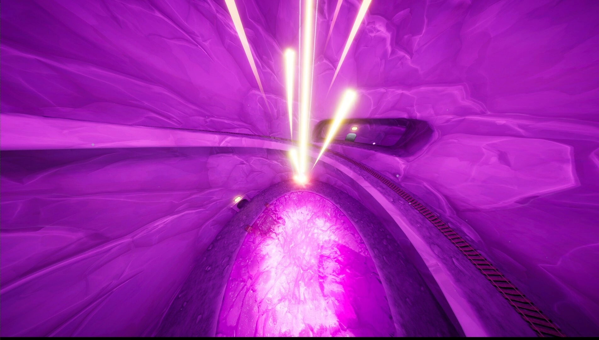 Orbo's Exodus: Orbo navigates a glowing purple cave with beams of light and a mysterious tunnel entrance.