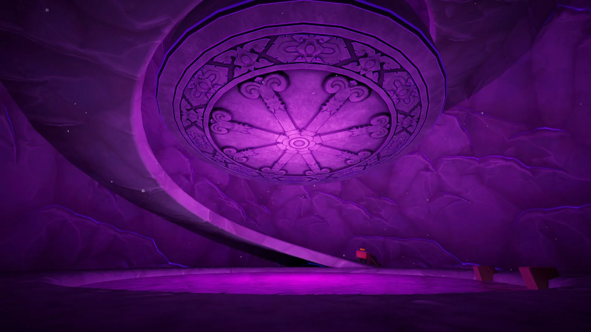 Orbo's Exodus: Intricate purple ceiling with spiral ramp in an underground cavern setting