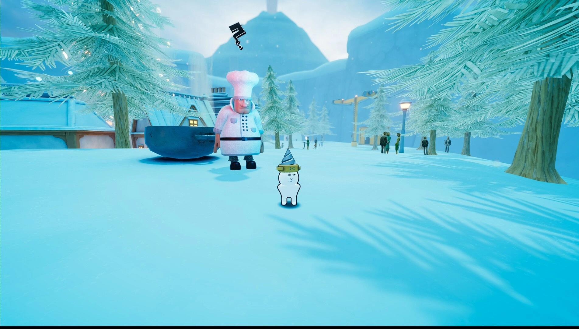 Orbo's Exodus: Orbo stands in snowy resort with a puzzled chef nearby, surrounded by icy trees.