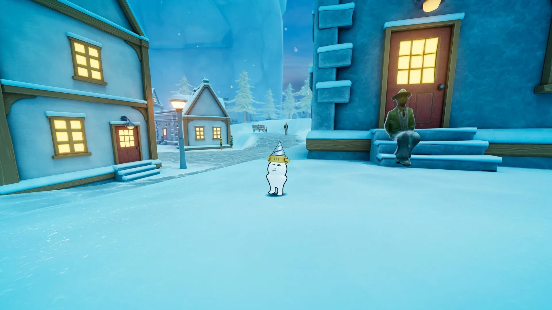 Orbo's Exodus: Orbo with a drill hat explores a snowy village with glowing windows and seated figure nearby.
