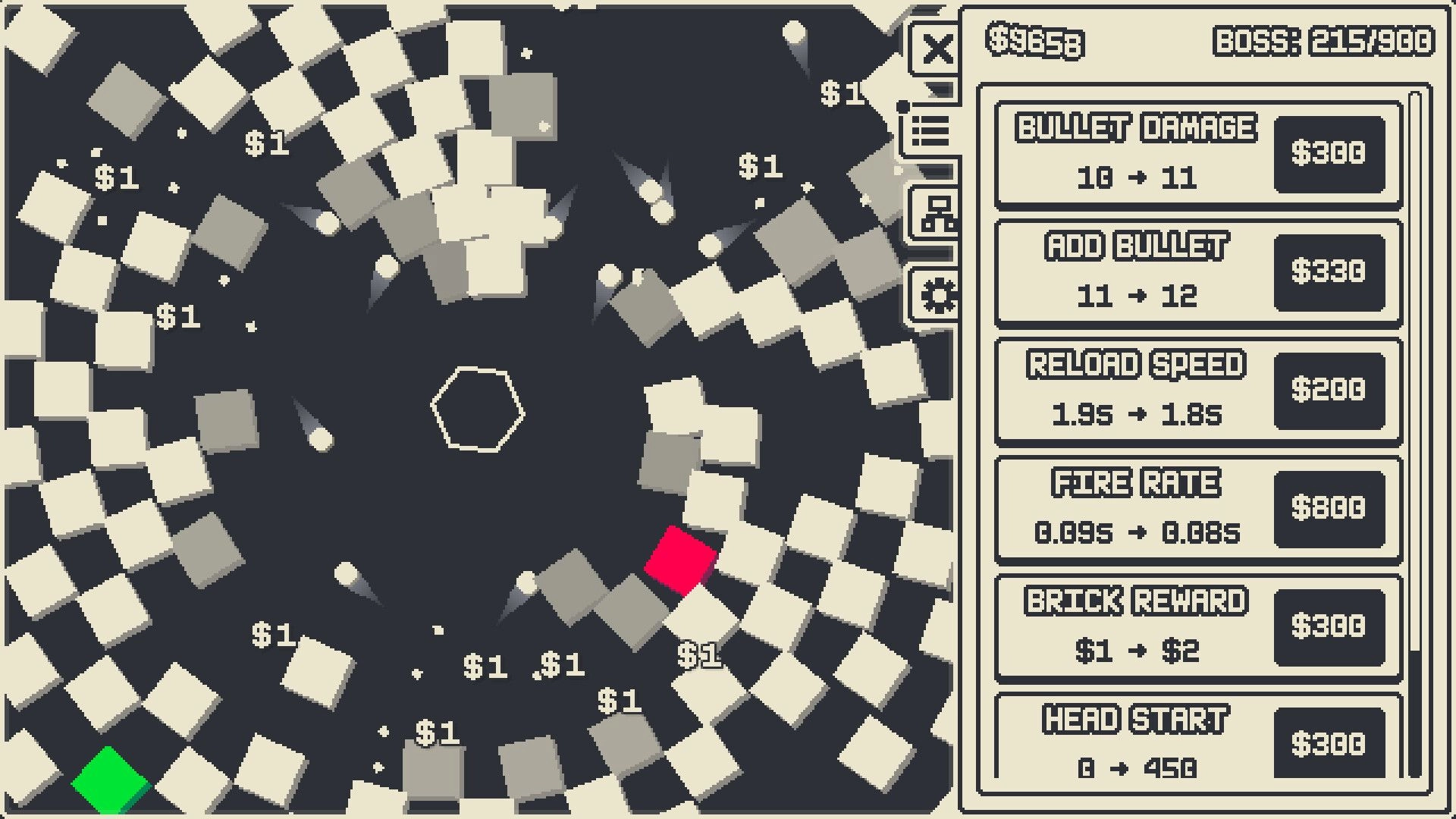 Orbrix: Bullets shatter swirling brick ring while upgrade shop lists damage, bullets, and fire rate stats.