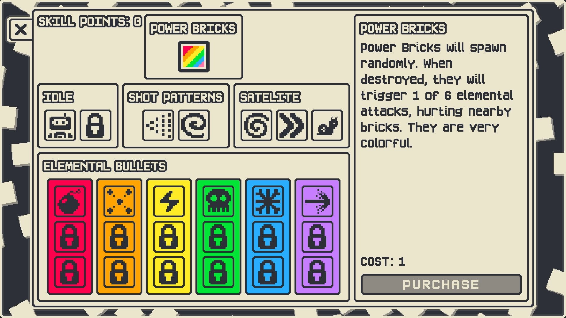 Orbrix: Power Bricks upgrade menu with skill points, elemental bullet icons, and Purchase button UI.
