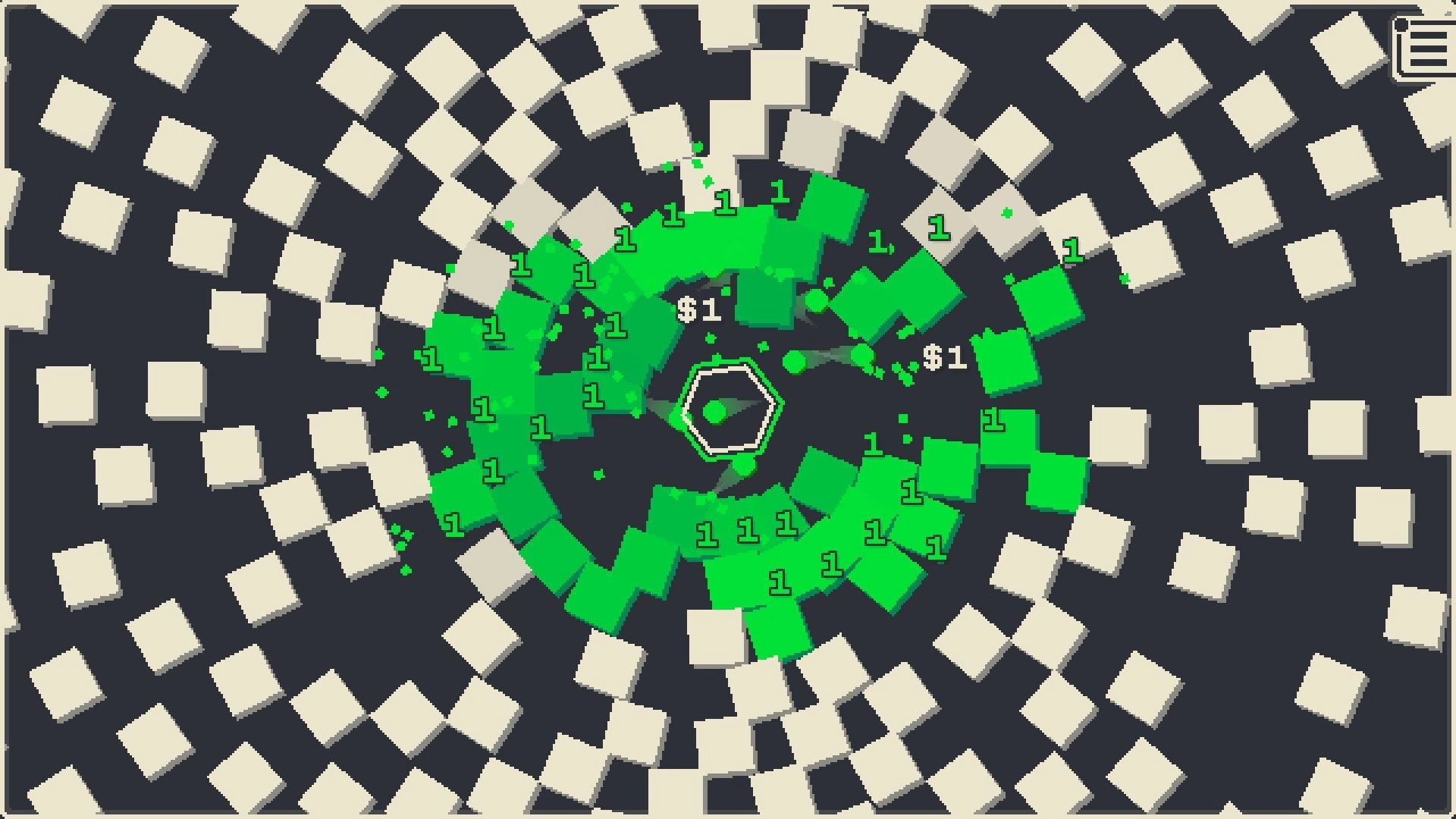Orbrix: Green bullets spiral from a central hex core, smashing white bricks on a dark field.