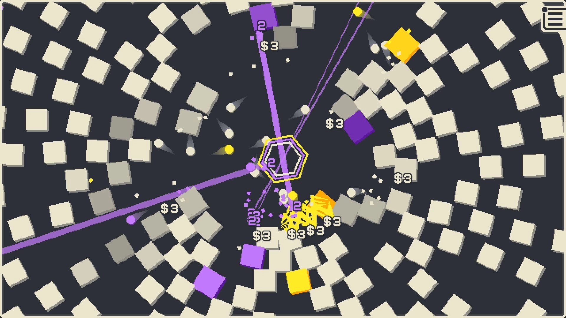 Orbrix: Hex hub firing purple beams at square bricks, cash $3 popups across dark arena UI.