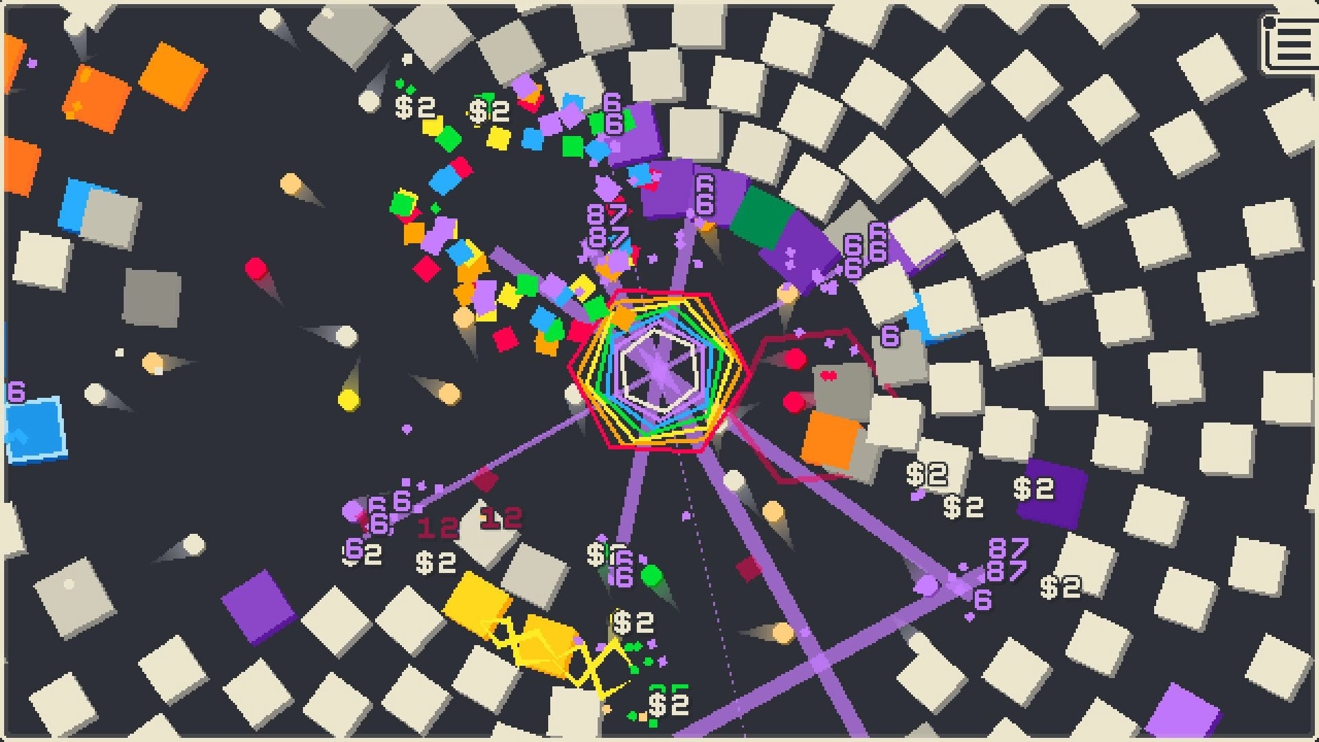 Orbrix: Rainbow hex core firing bullets at swirling brick rings with damage numbers and $2 drops.