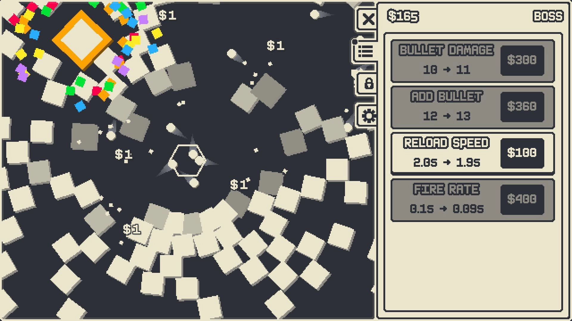Orbrix: Bullets shatter square bricks around a center orb, upgrade shop UI lists damage and fire rate.