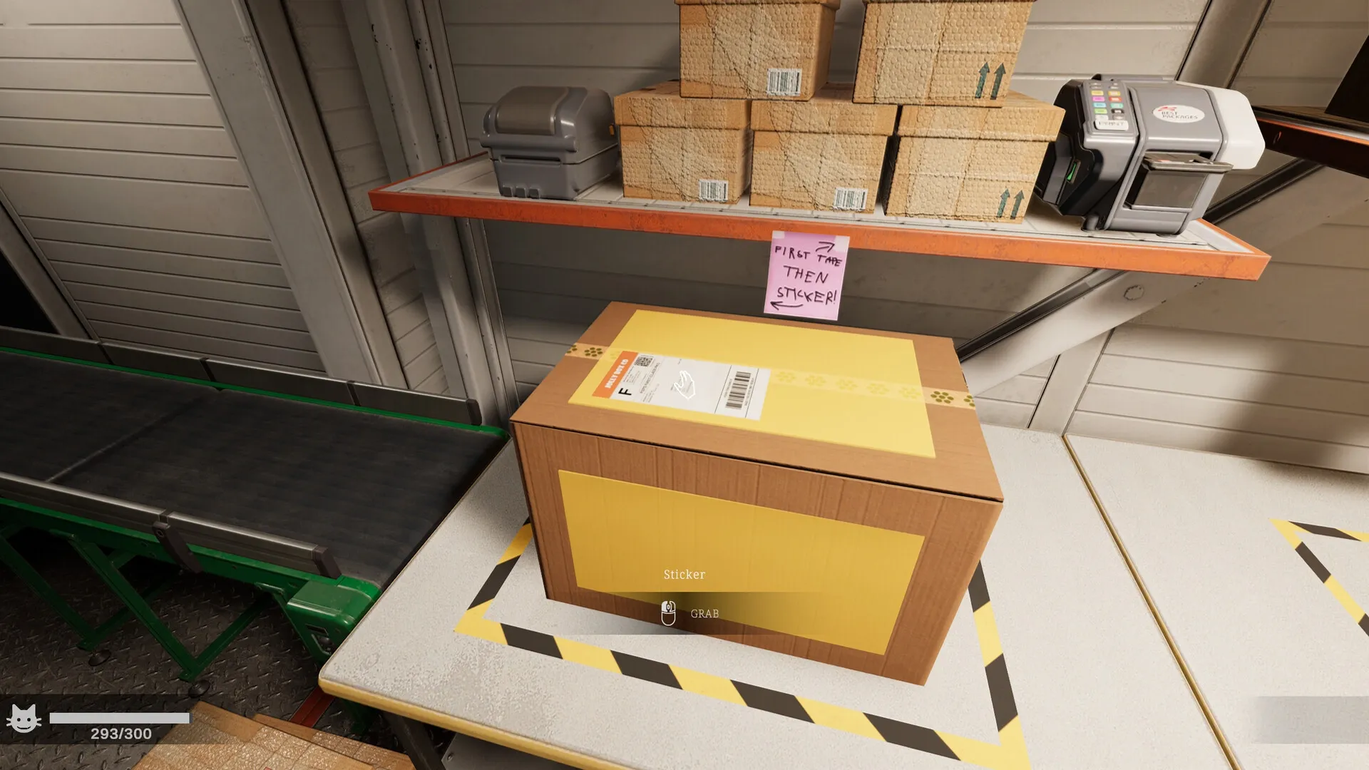 ORDER 13: Packing box on workstation with conveyor belt in dimly lit warehouse. Cat health bar visible.