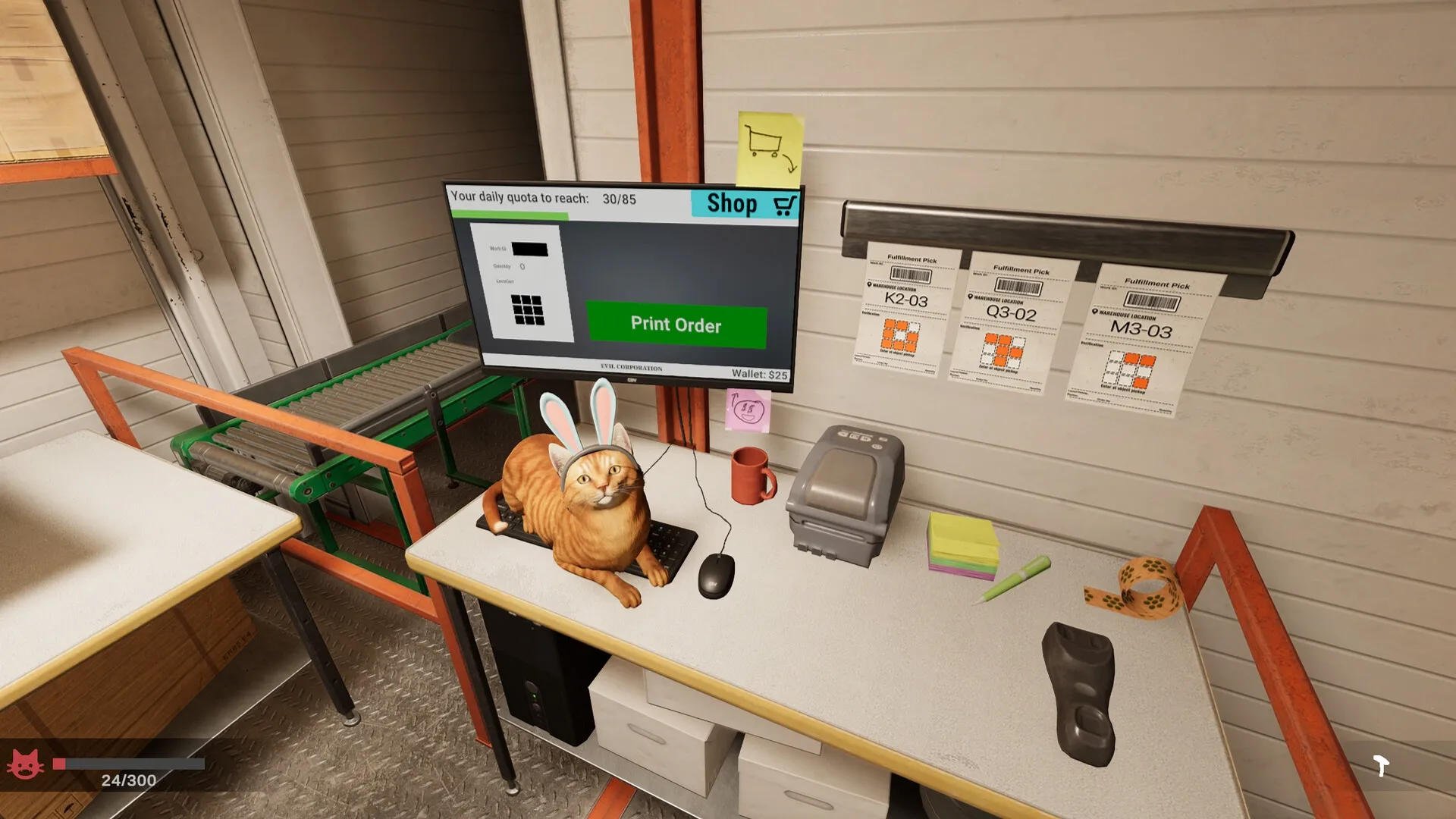 ORDER 13: Cat with bunny ears sits on keyboard beside order screen in cluttered warehouse office