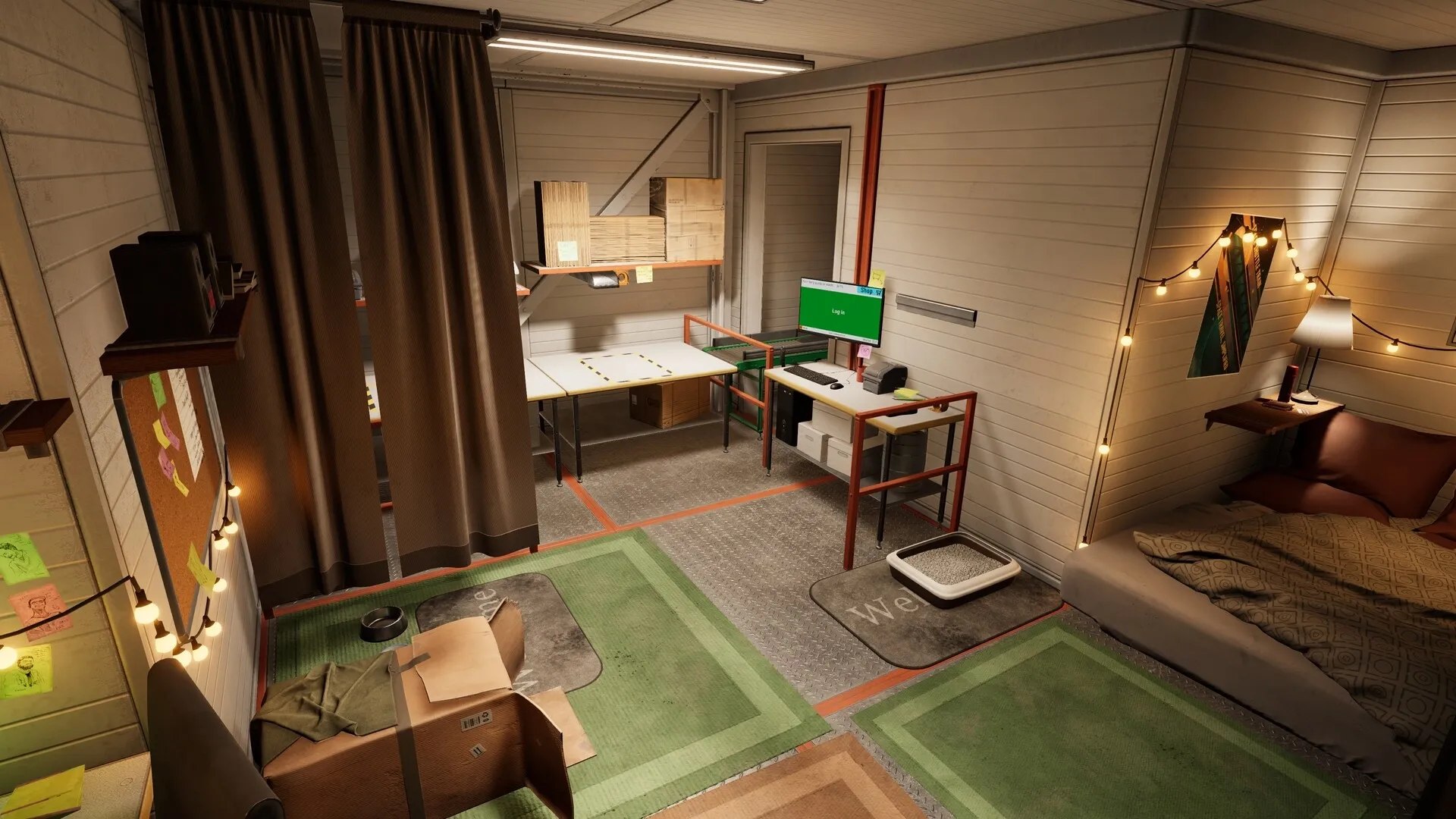 ORDER 13: Cozy warehouse room with packing station, computer setup, bed, and string lights