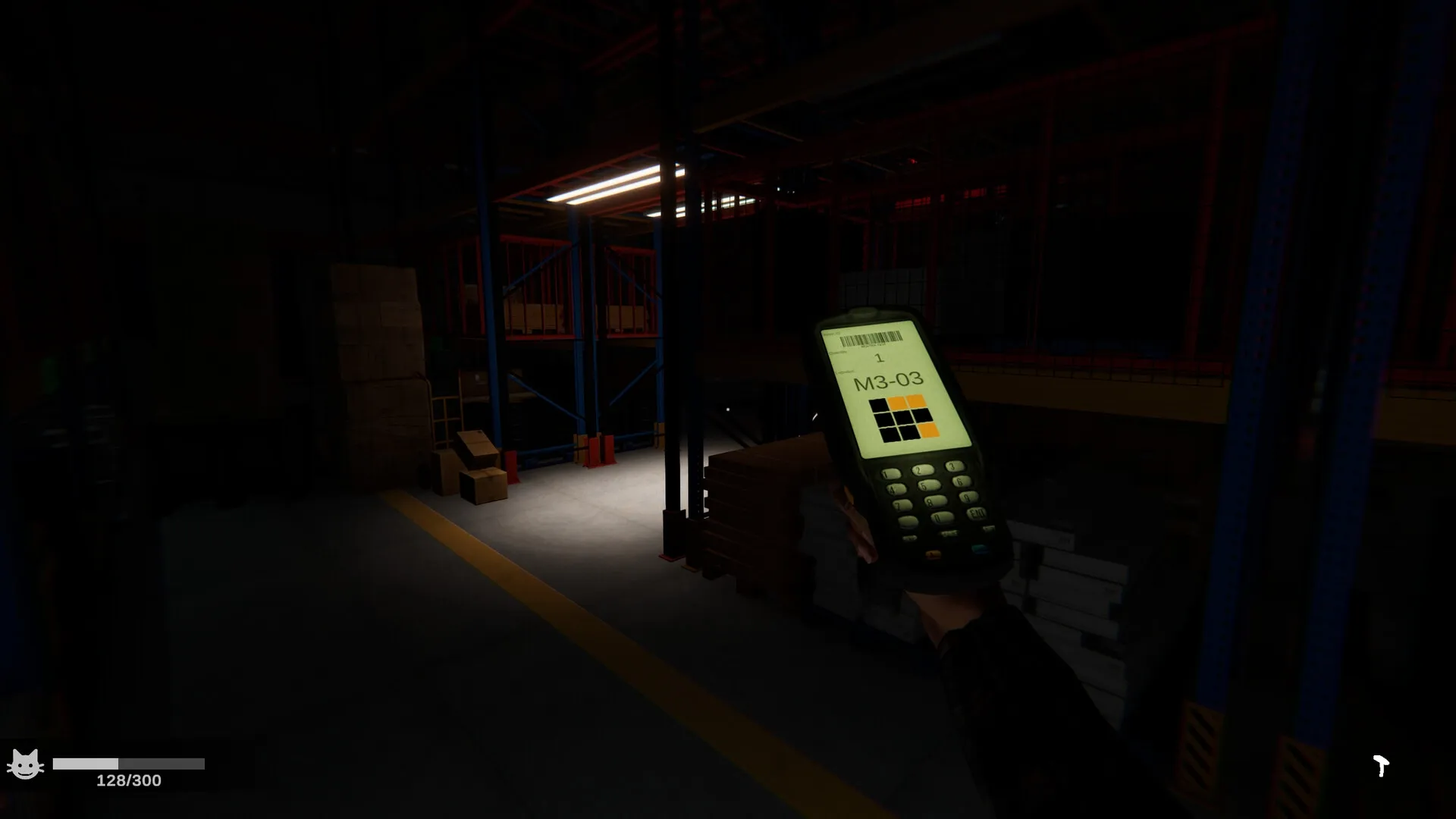 ORDER 13: Handheld scanner with order M3-03 displayed in a dimly lit warehouse environment.