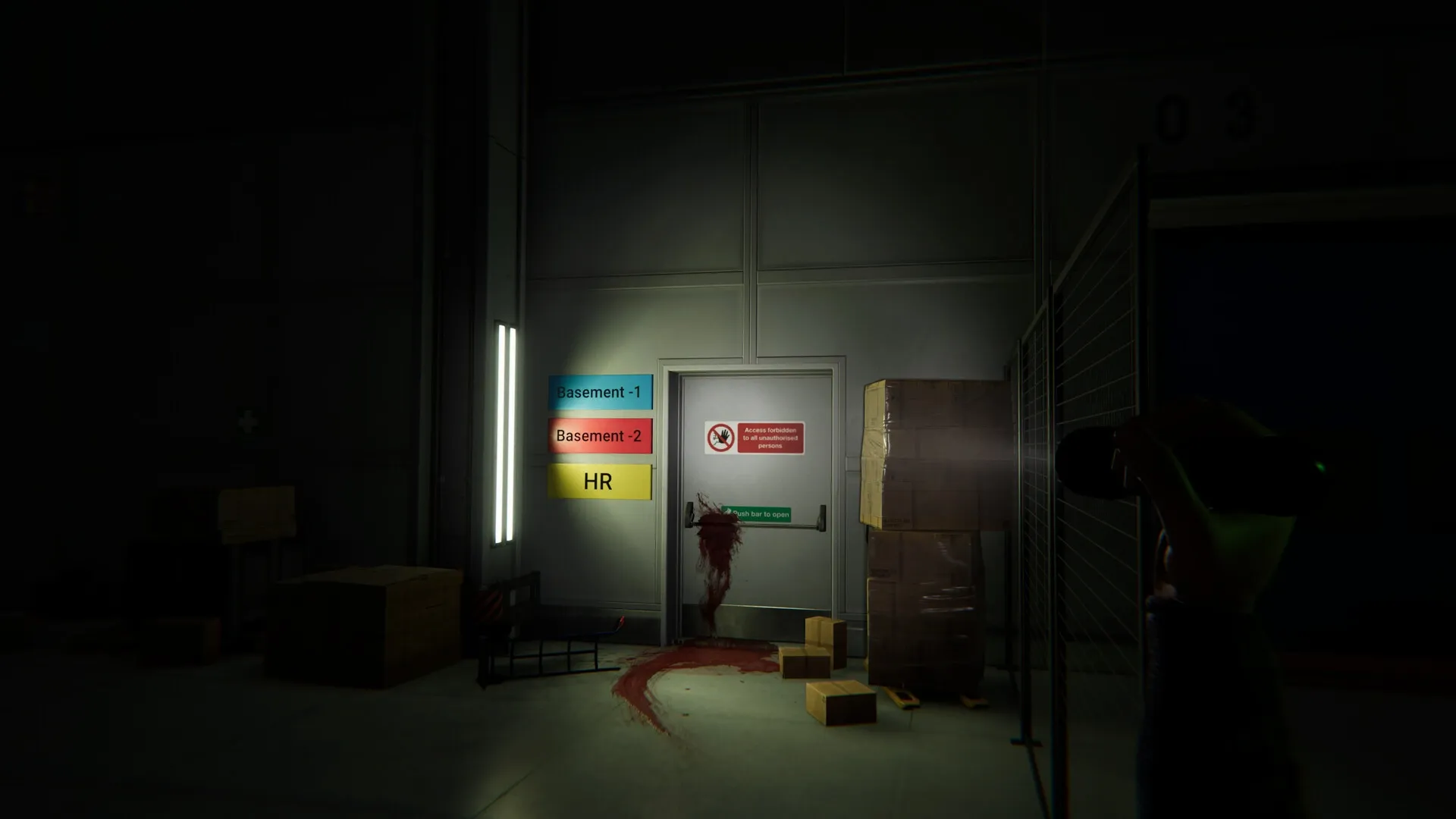 ORDER 13: Flashlight illuminates a blood-stained door with basement signs in a dim warehouse corridor.