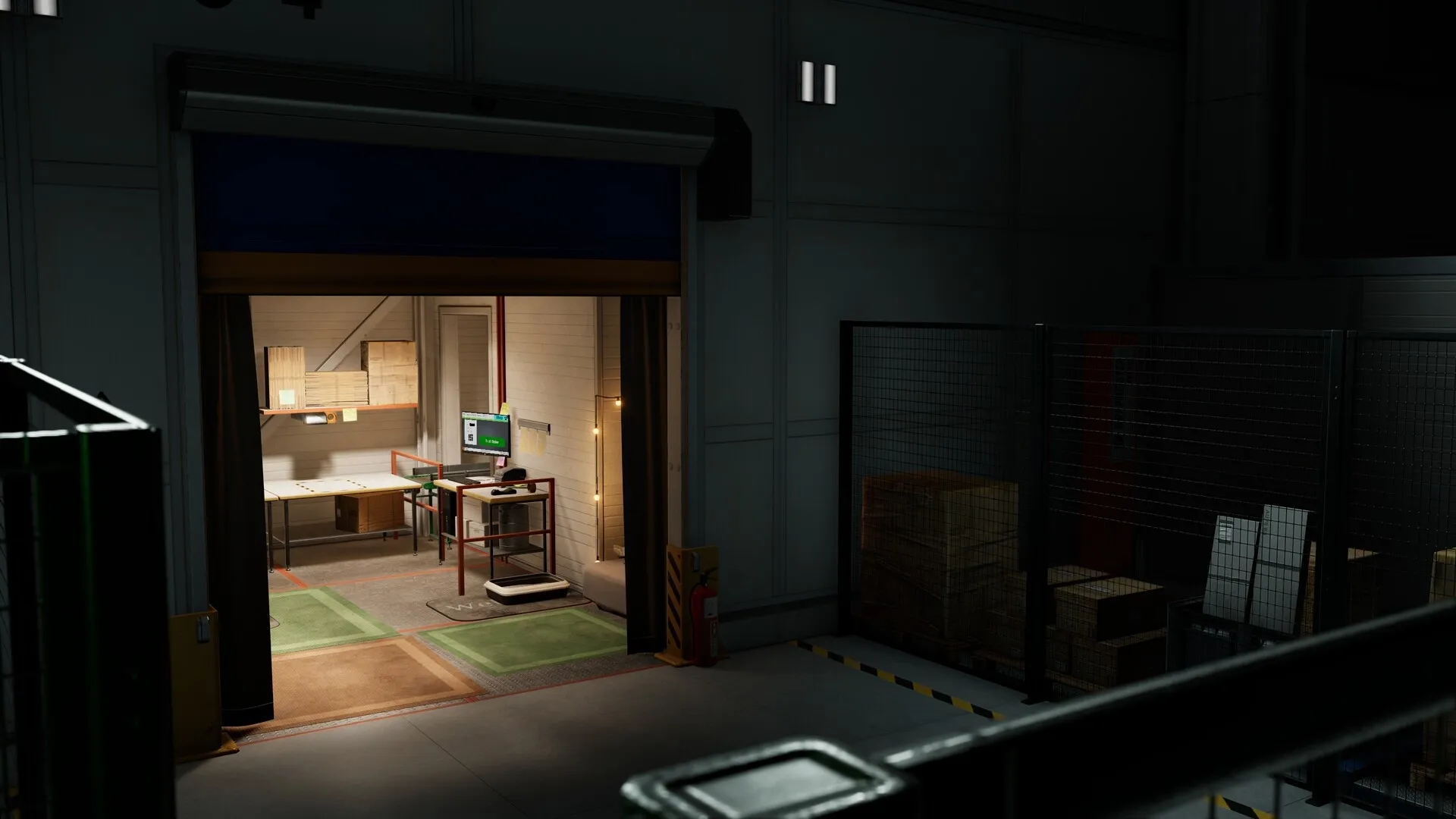 ORDER 13: Packing station with computer and boxes in dimly lit warehouse interior
