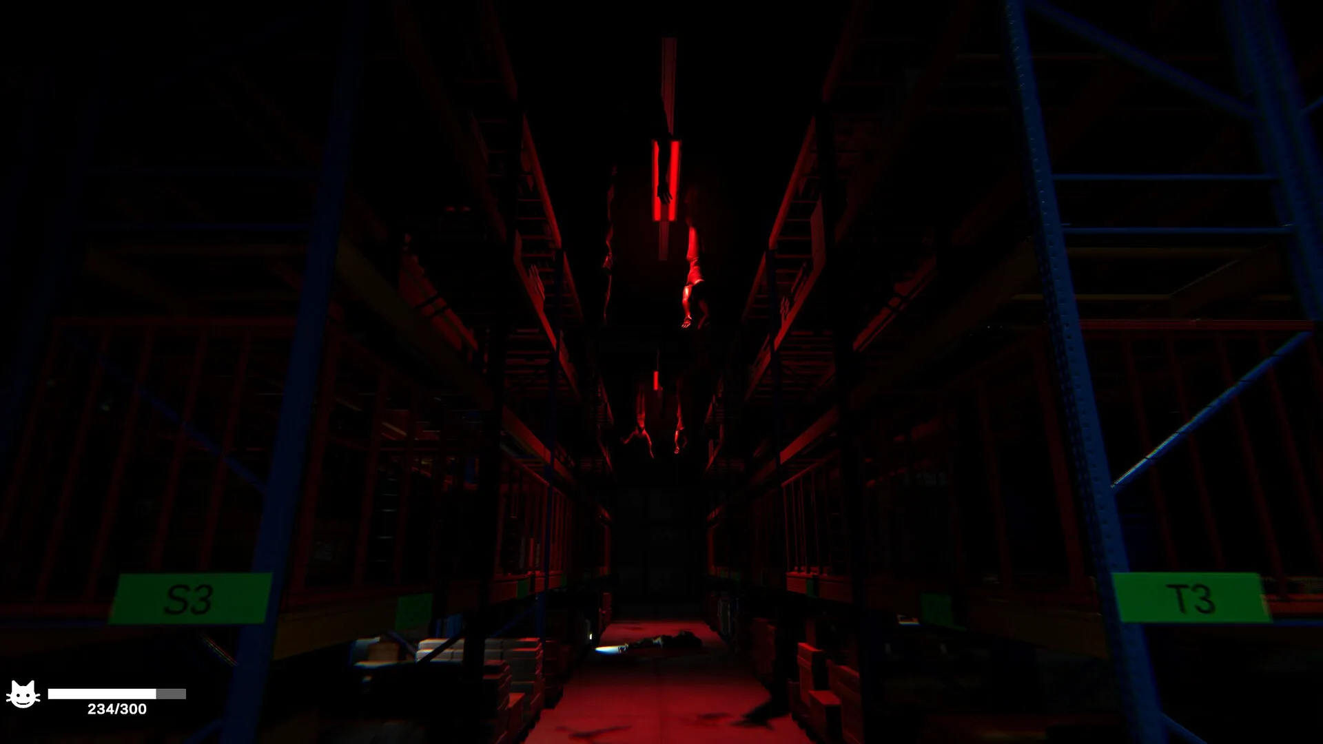 ORDER 13: Eerie warehouse aisle with red lighting and cat health bar in lower left corner