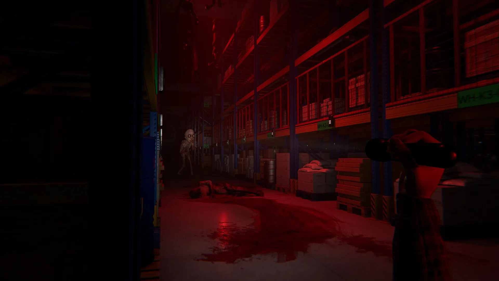 ORDER 13: Player holds flashlight in dark warehouse, blood trail leads to lurking creature