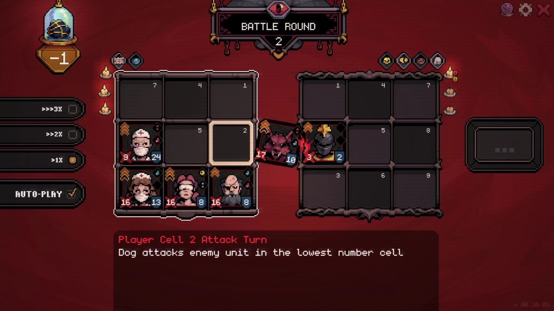 Order Automatica: Battle Round 2 auto-play on 3x3 grids with units and candles on red backdrop.