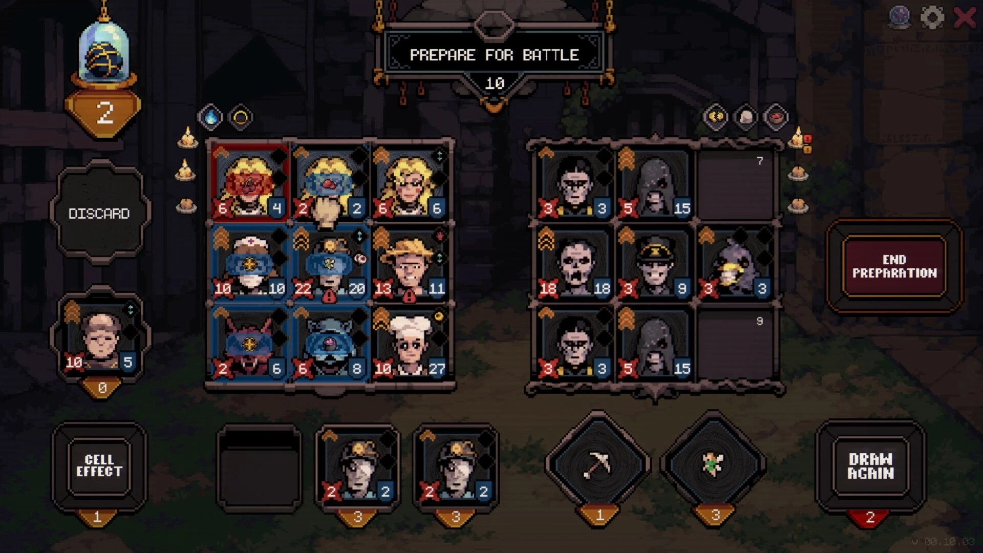 Order Automatica: Prepare for battle unit grid with stats and End Preparation button in dark ruins UI.