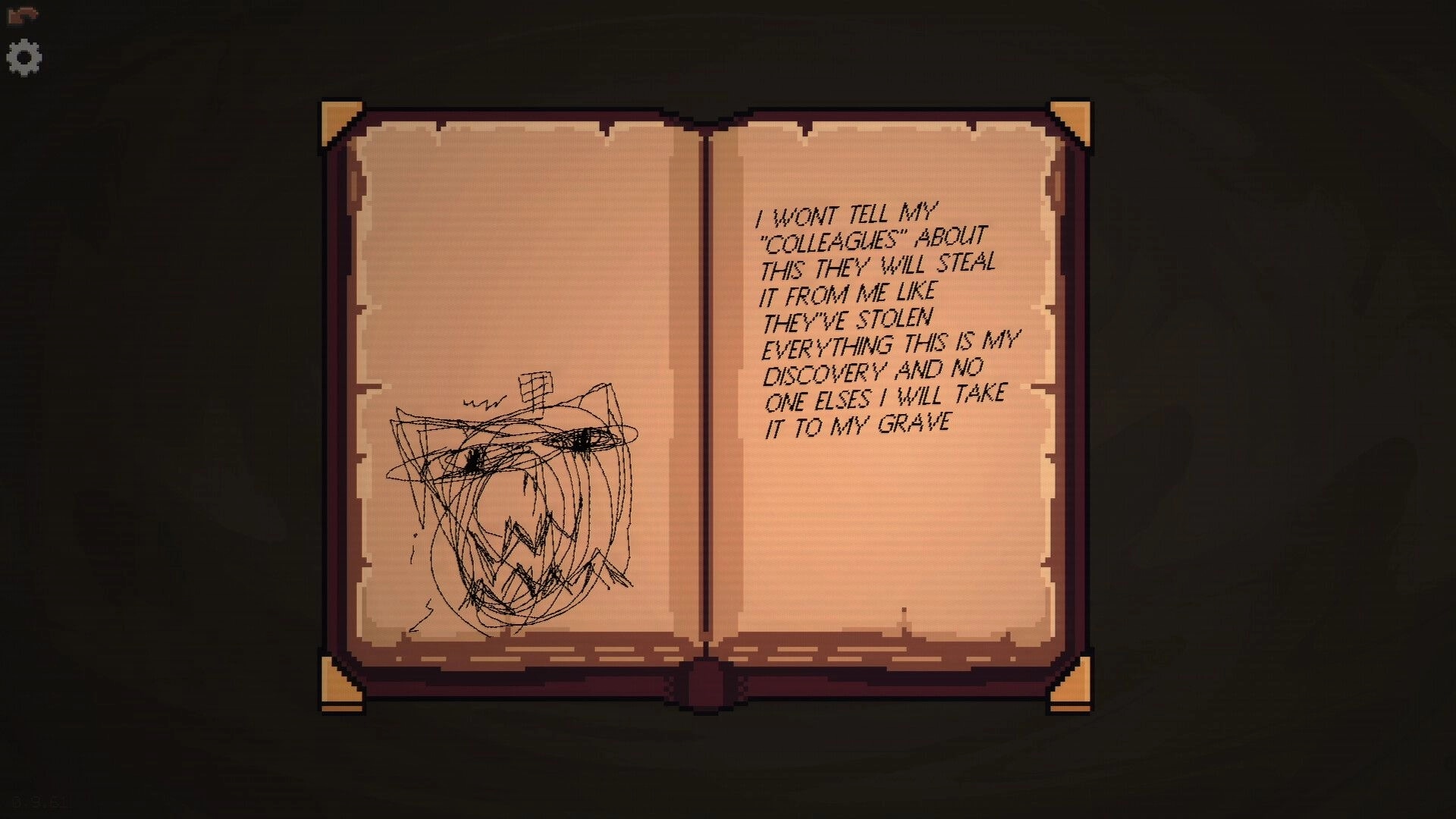 Order Automatica: Open journal page with scribbled monster sketch and paranoid note on dark backdrop.