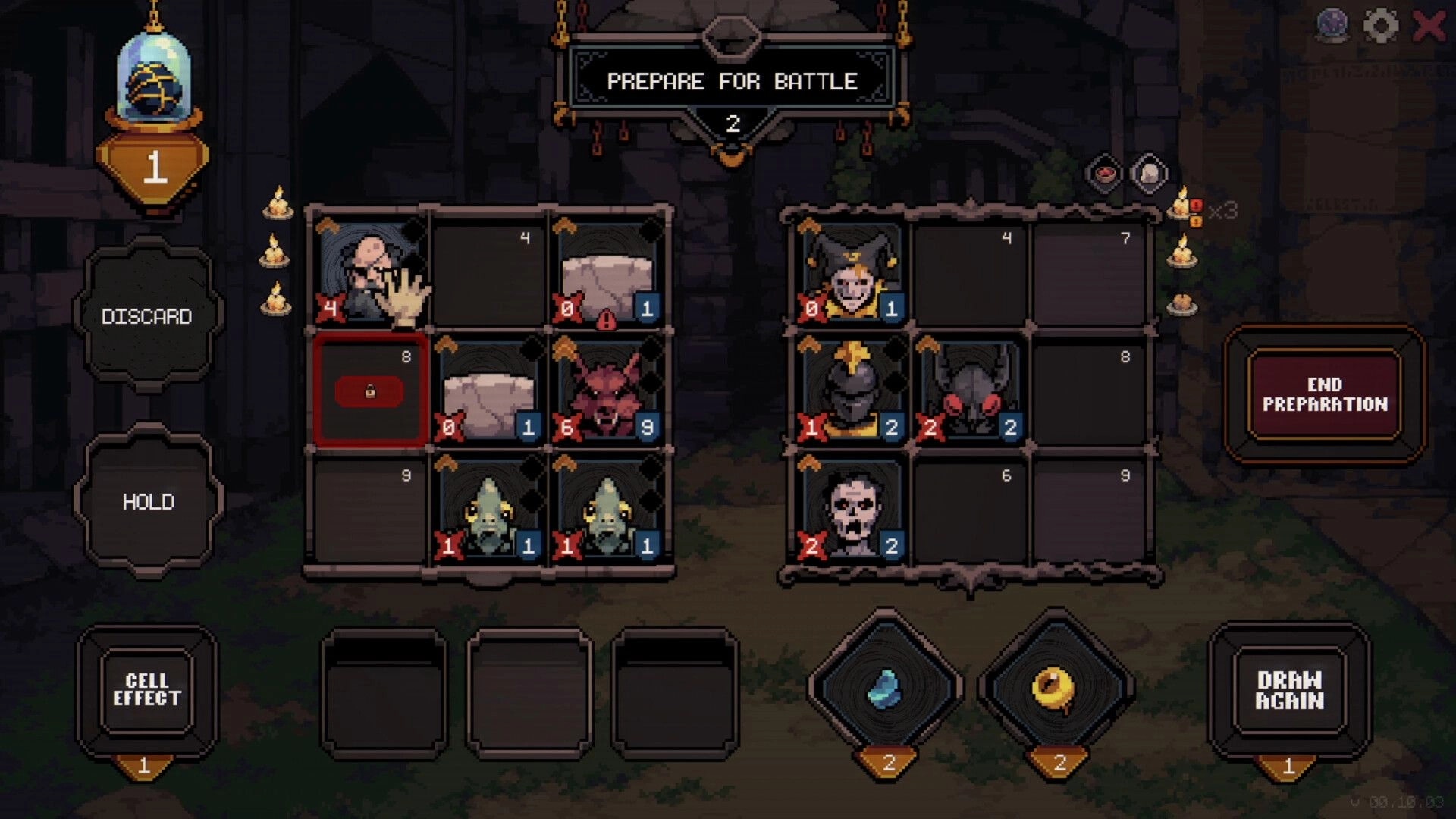 Order Automatica: Prepare for battle unit placement on 3x3 grids in a dim stone courtyard UI.