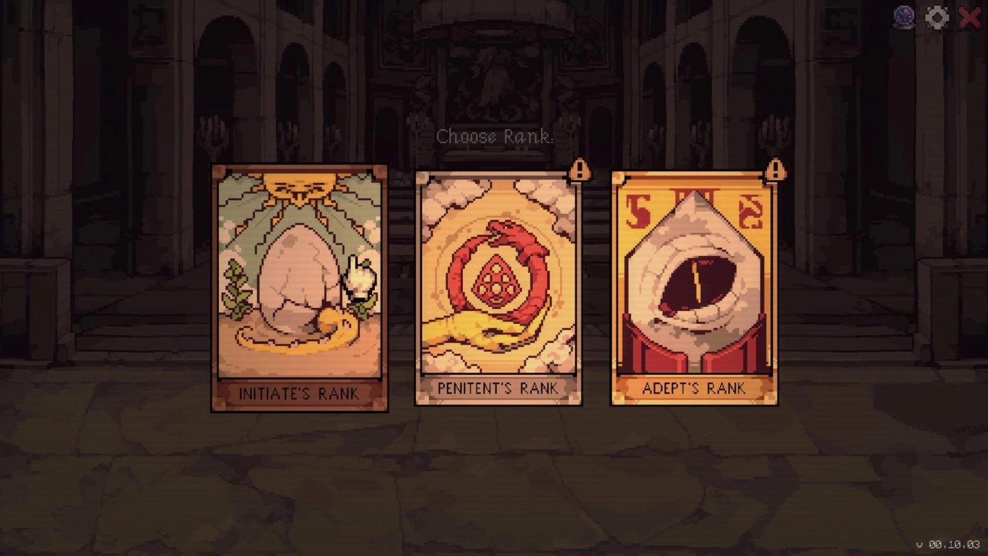 Order Automatica: Choose Rank menu with Initiate, Penitent, and Adept cards in a dark cathedral hall.