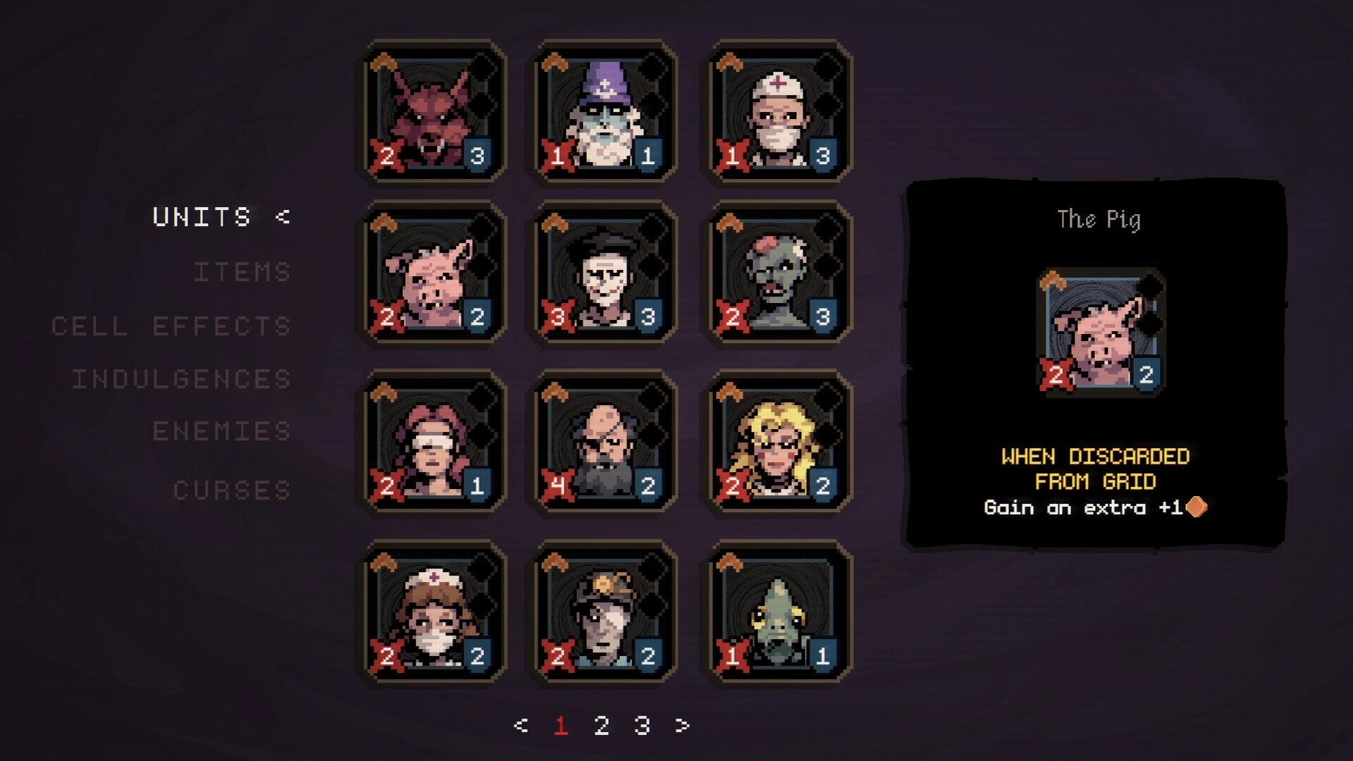 Order Automatica: Units compendium grid with character cards and Pig tooltip on dark menu background.