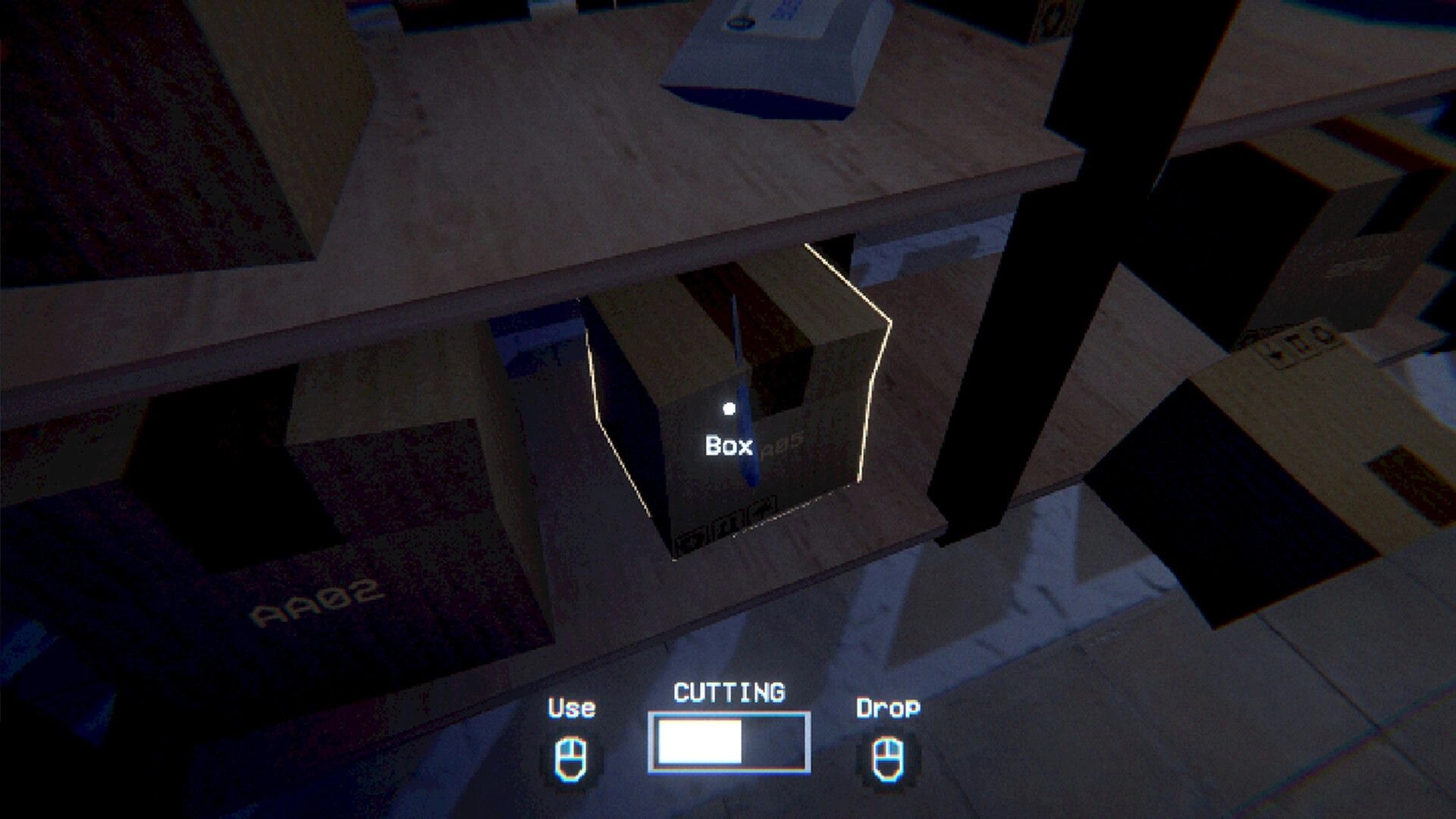 ORDER POINT: Cutting open a highlighted box with Use and Drop prompts in a dim package station shelf aisle.