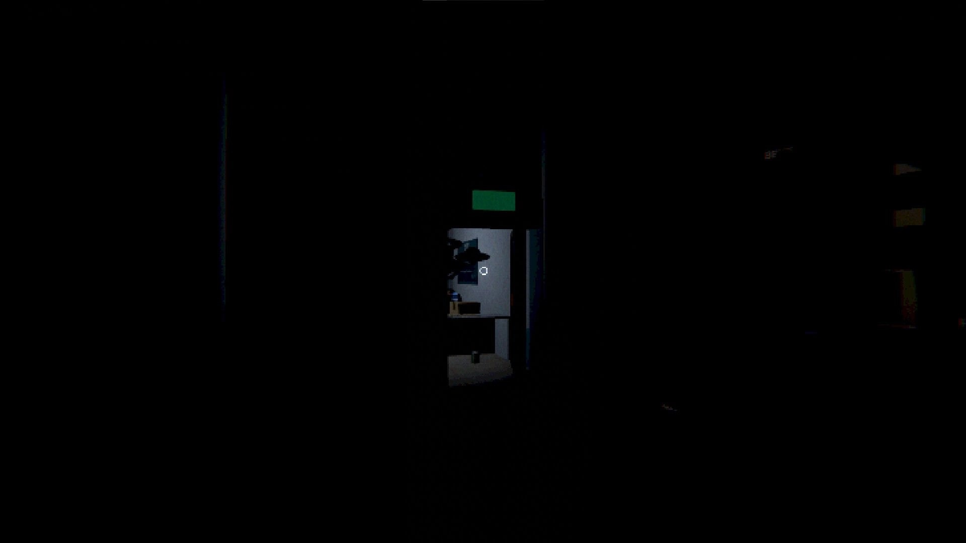 ORDER POINT: Crosshair aimed at a dim doorway with a green sign in a dark hallway interior.
