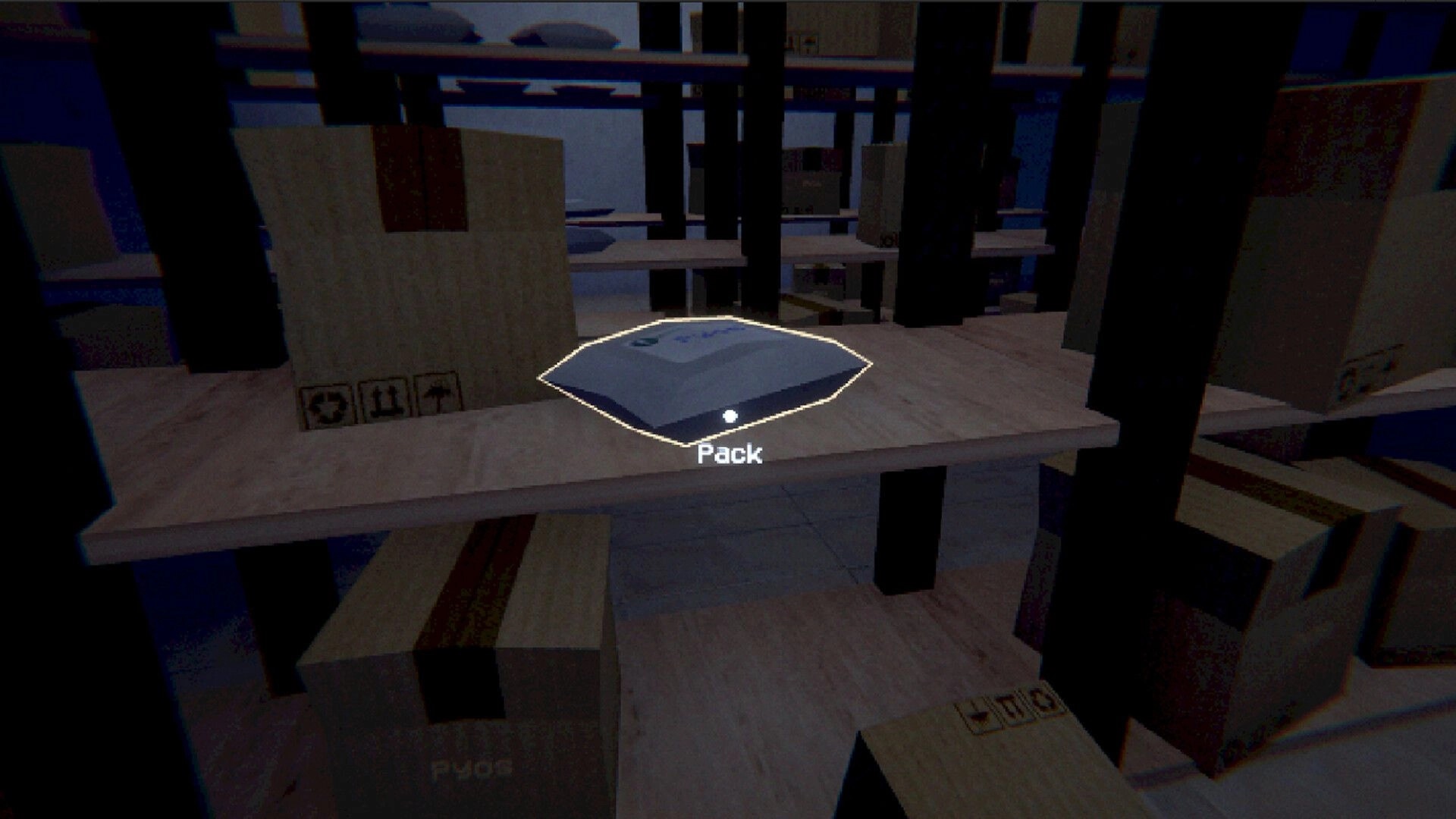 ORDER POINT: Crosshair highlights a parcel labeled Pack on a shelf in a dim warehouse aisle.