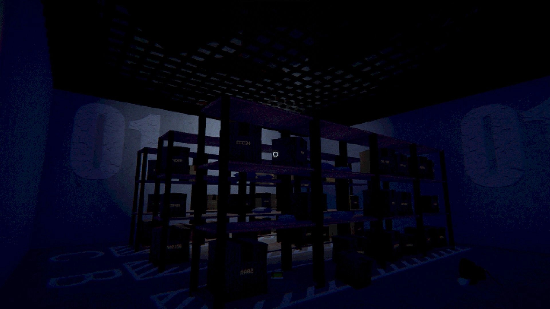 ORDER POINT: Crosshair aimed at stacked parcel shelves in a dim, blue-lit package station room.