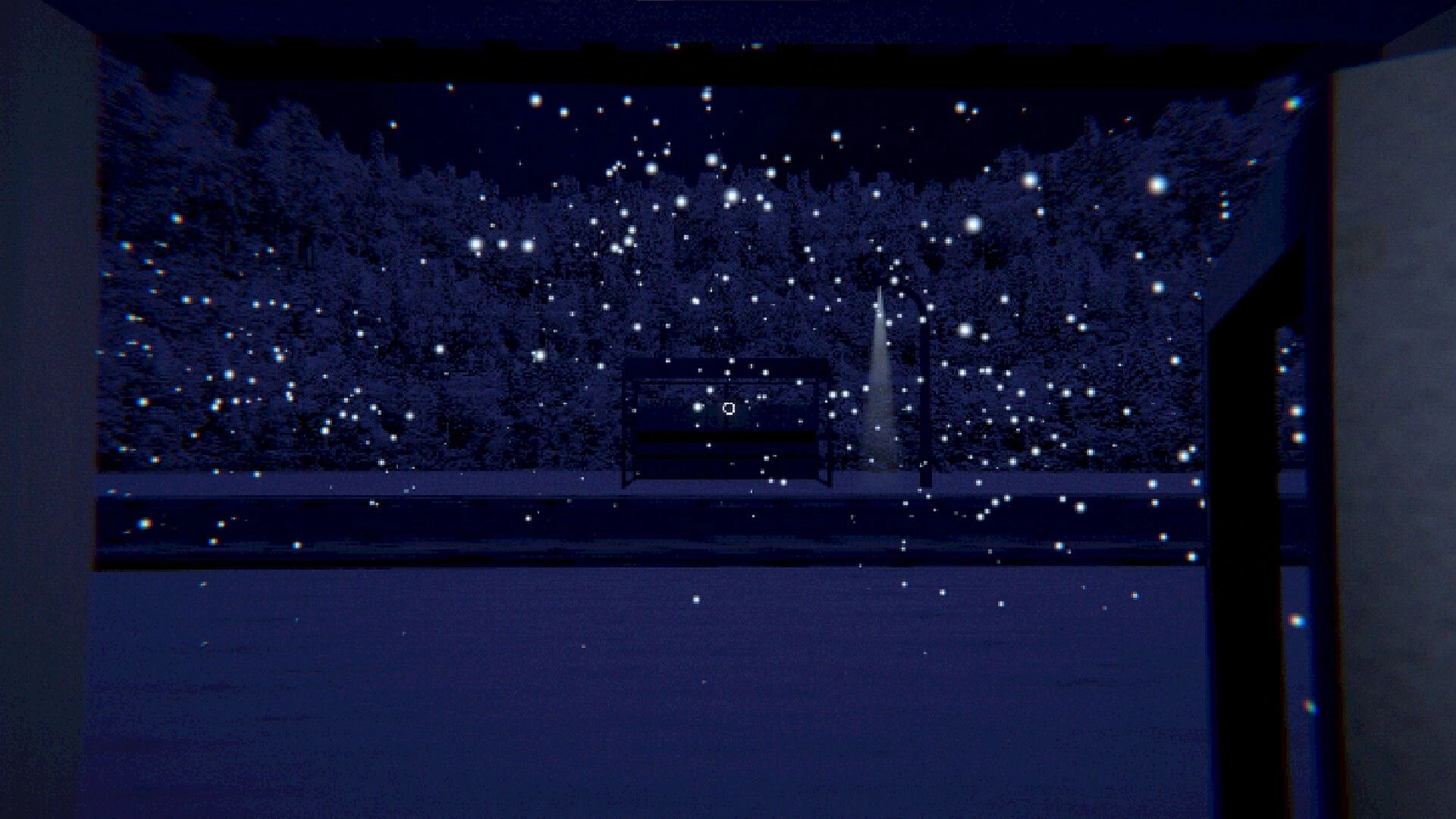 ORDER POINT: First-person view with crosshair staring at snowy bus stop under a streetlight at night.