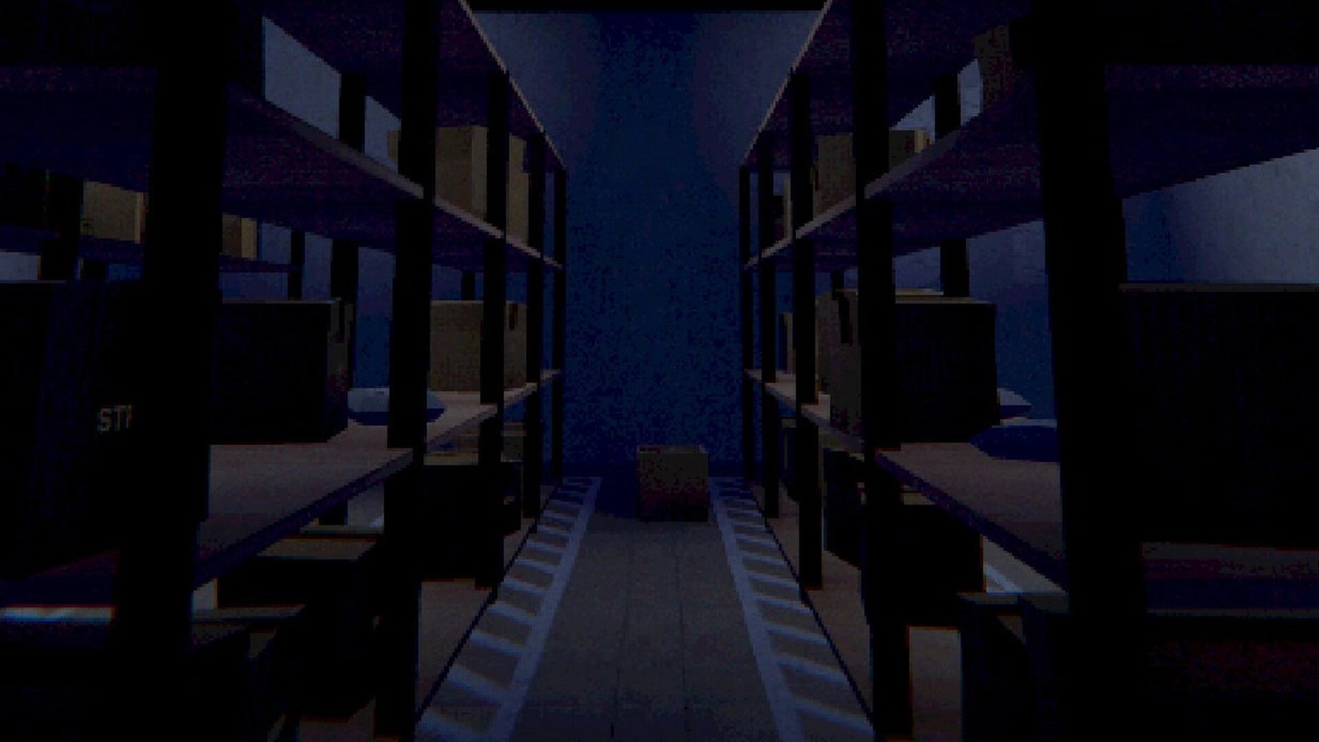 ORDER POINT: First-person view down storage aisle with shelves of parcels in a dim warehouse room.