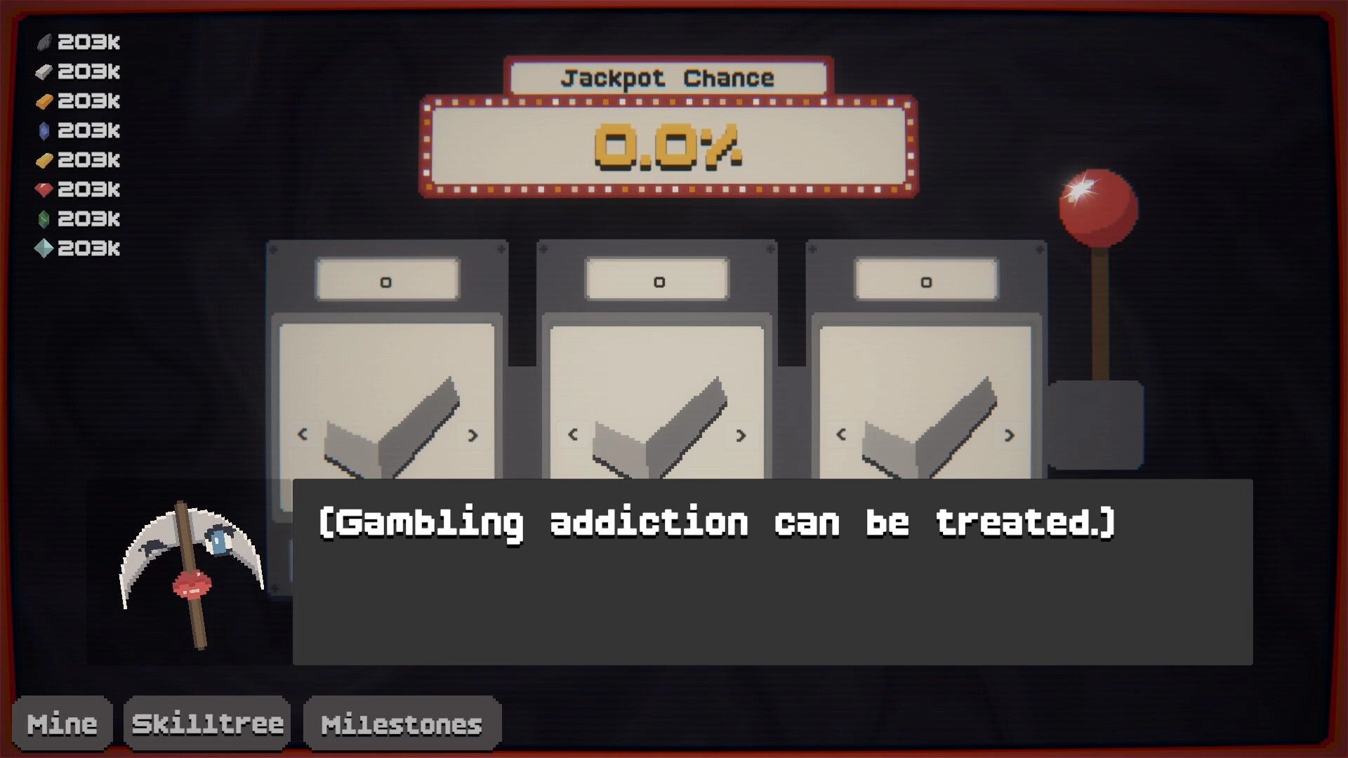 Ore & Odds: Jackpot Chance screen at 0.0% with three slot panels, resource totals, and warning text.