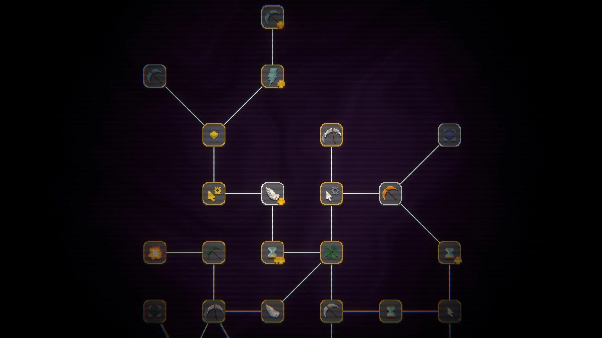 Ore & Odds: Upgrade skill tree with connected mining icons and perks on a dark purple menu screen.