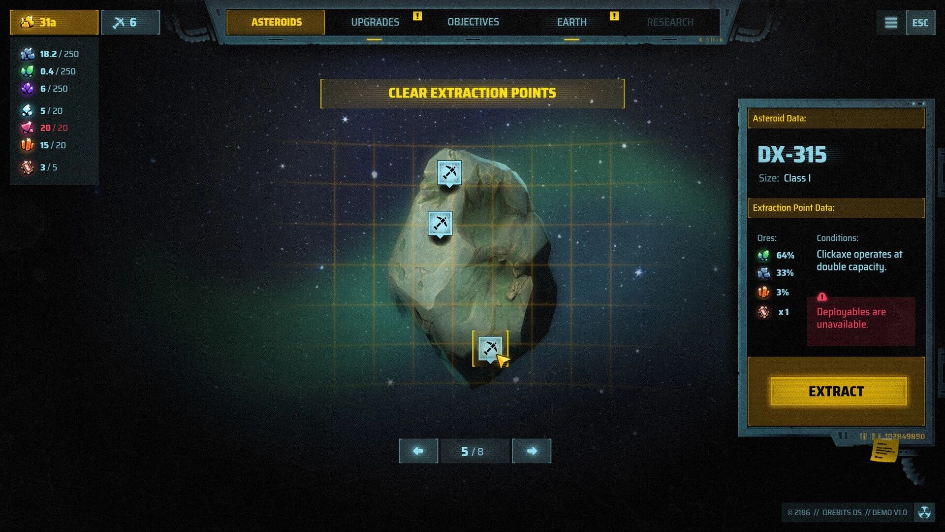 Orebits: Selecting extraction points on asteroid DX-315 with ore stats panel and Extract button in space.