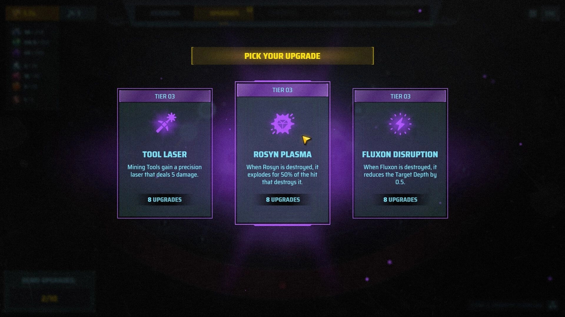 Orebits: Pick Your Upgrade menu with three Tier 03 cards on a purple space backdrop.