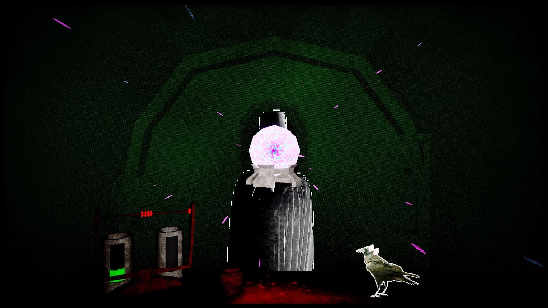 Organ Failure: Glowing orb machine in dark room with vial gauges on left and a crow on right.
